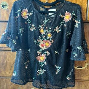 Maeve Black Ruffled Blouse with Flutter Sleeves